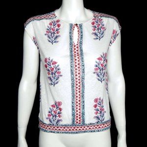 LUCKY BRAND Boho Floral Block Red Blue on Ivory Cap Sleeve Keyhole Top XS /6557